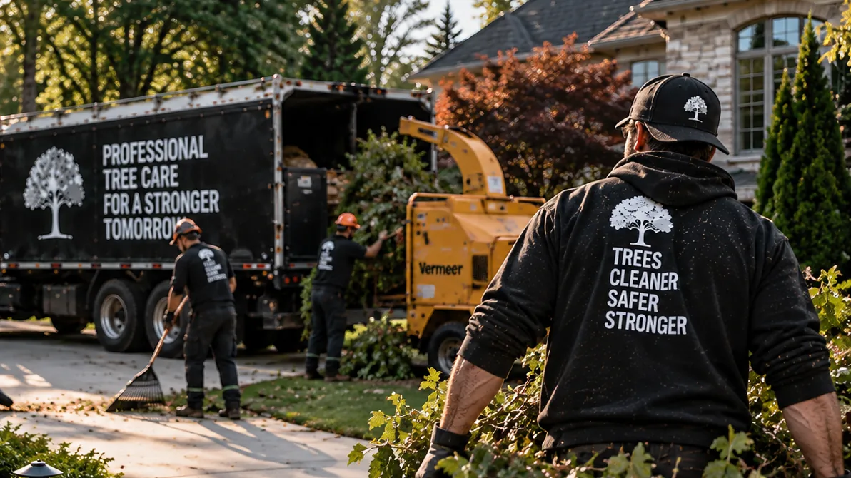A crew clearing and blowing down a driveway at the end of a job, with the chipper and truck loaded behind them.