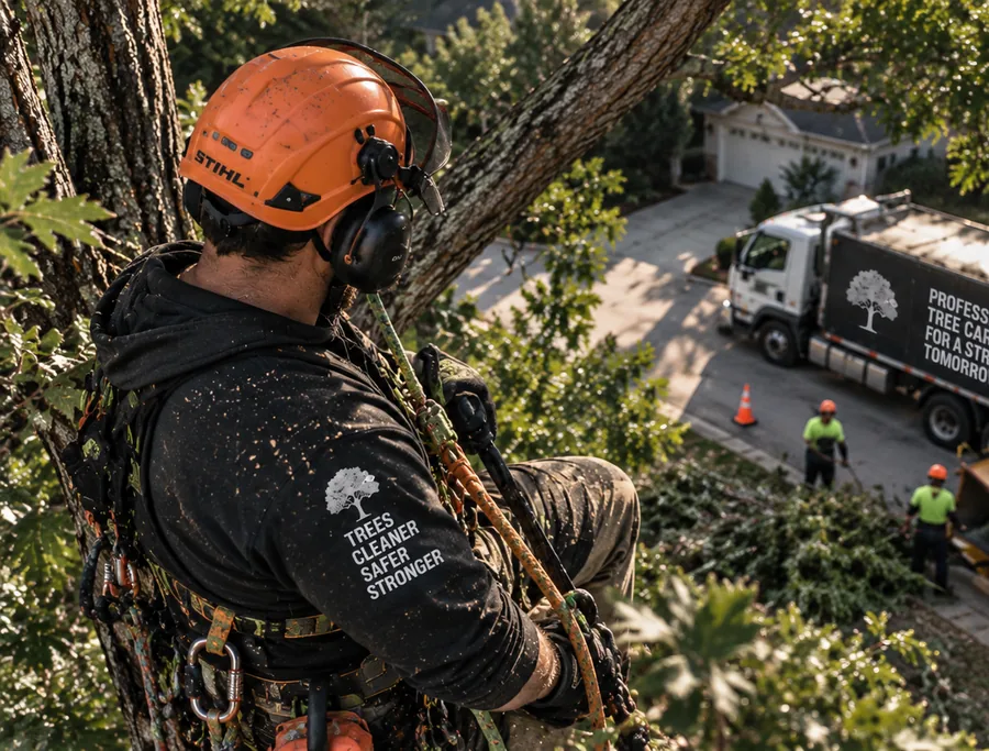 An arborist roped high in a tree, looking down at the driveway where his truck and ground crew are working.