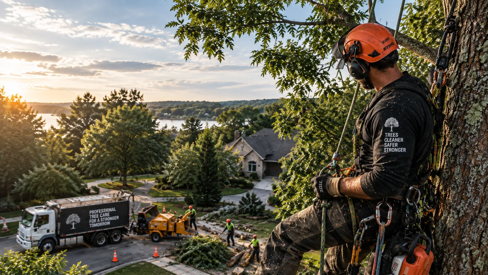An arborist roped high in a tree at sunset, with his truck, chipper and ground crew on the driveway far below him.