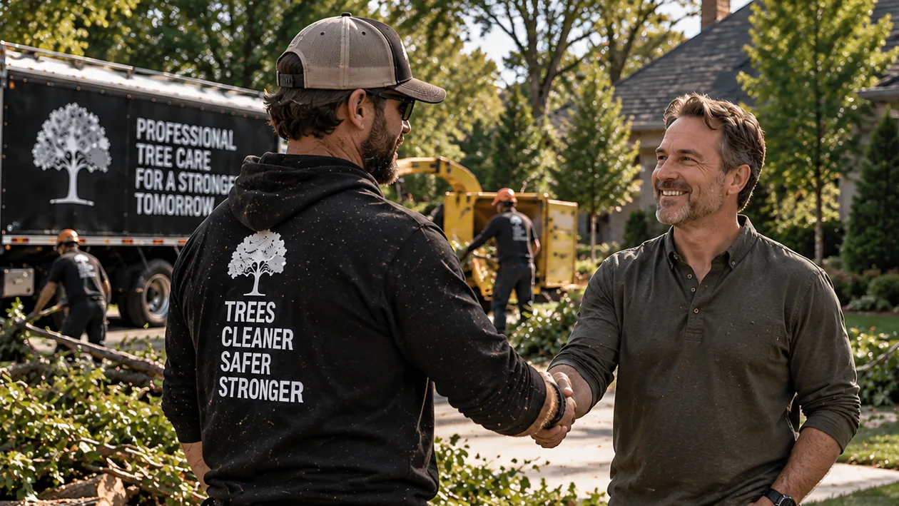 A crew member shaking a homeowner's hand on the front lawn after a job, with the truck, chipper and crew behind them.