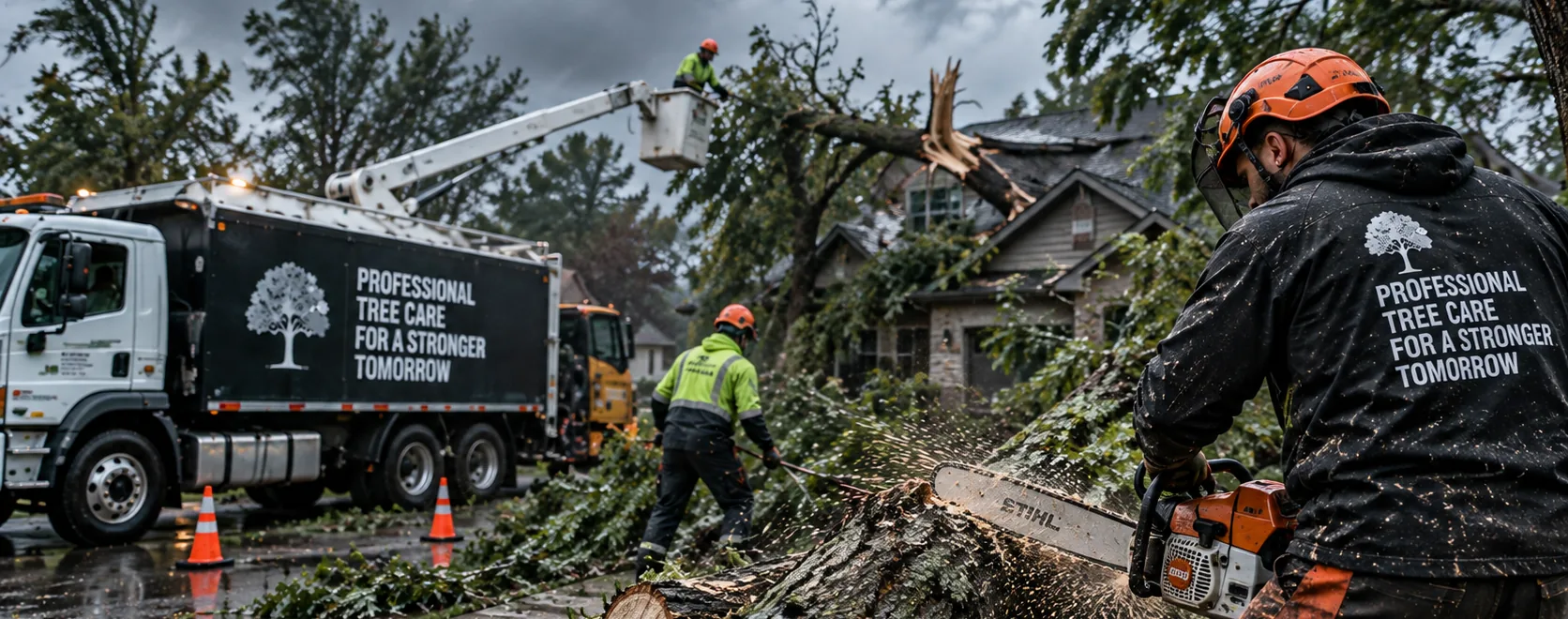 Storm damage under a dark sky: a snapped tree lying across a house roof, with a bucket-truck operator working above it.